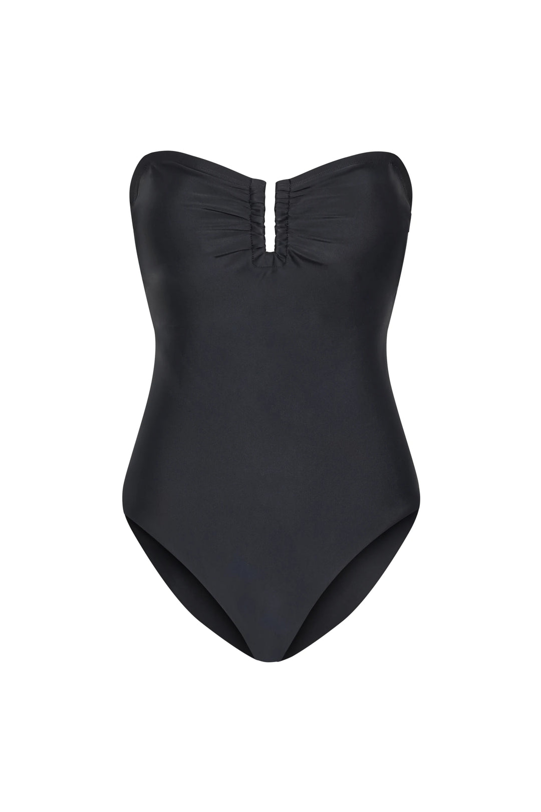 Black swimsuit with ruched design on a white background