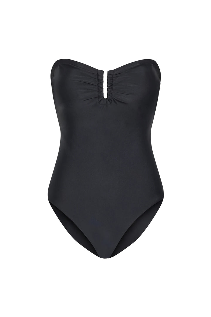 Black swimsuit with ruched design on a white background
