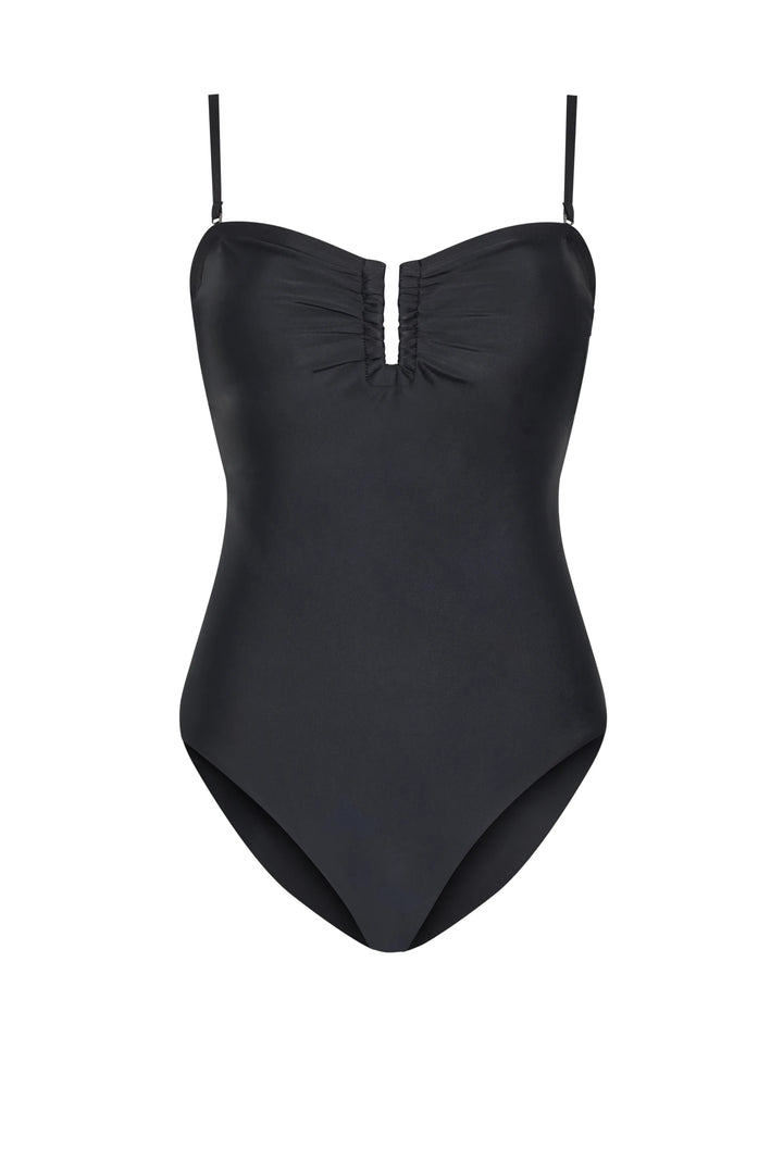 Black swimsuit with thin straps on a white background