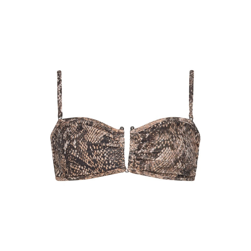 Camouflage-patterned bikini top on a white background