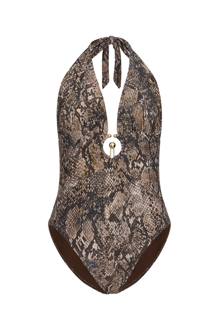 Snake print halter neck swimsuit on a white background