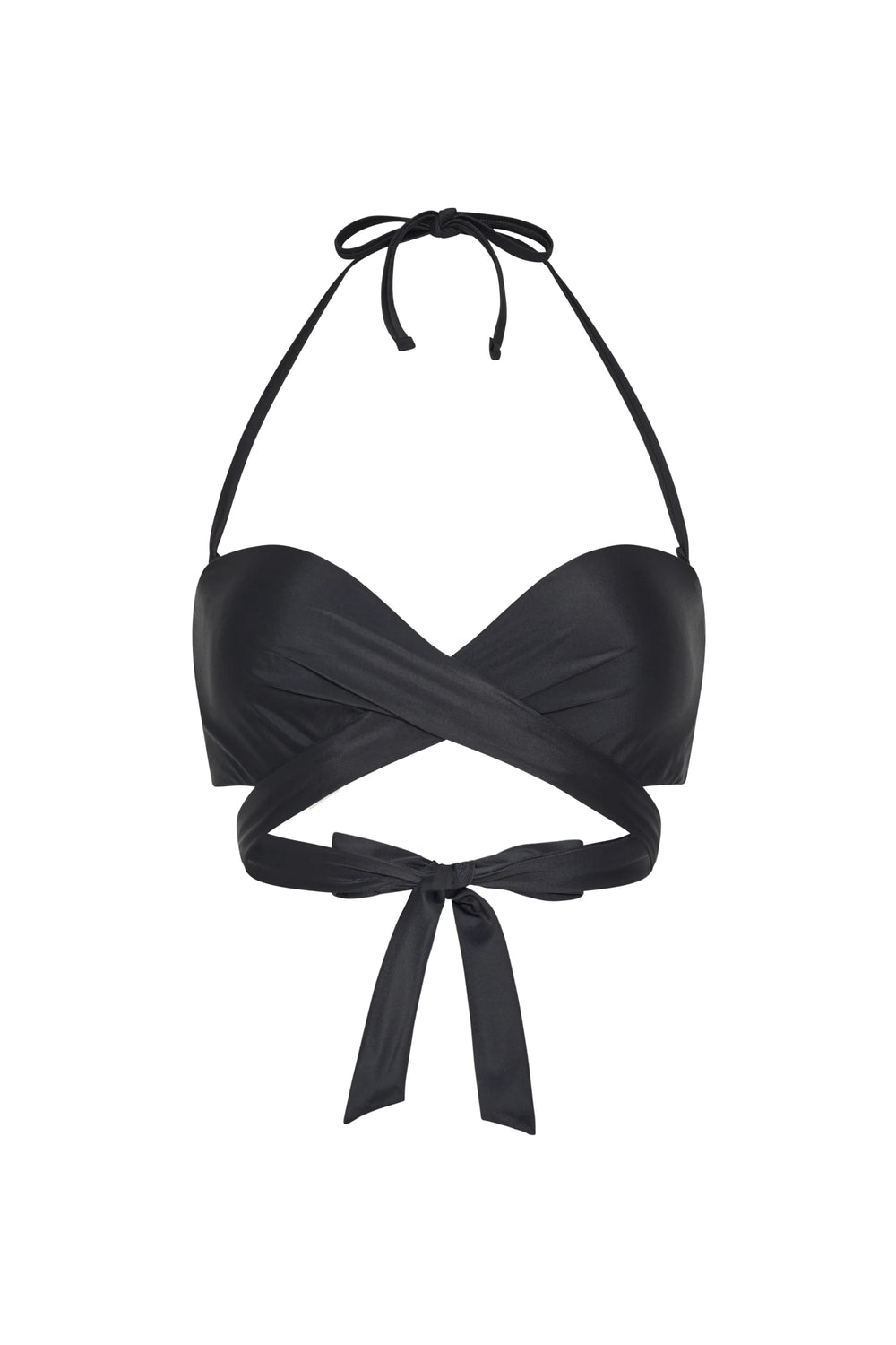 Black bikini top with halter straps on a white background