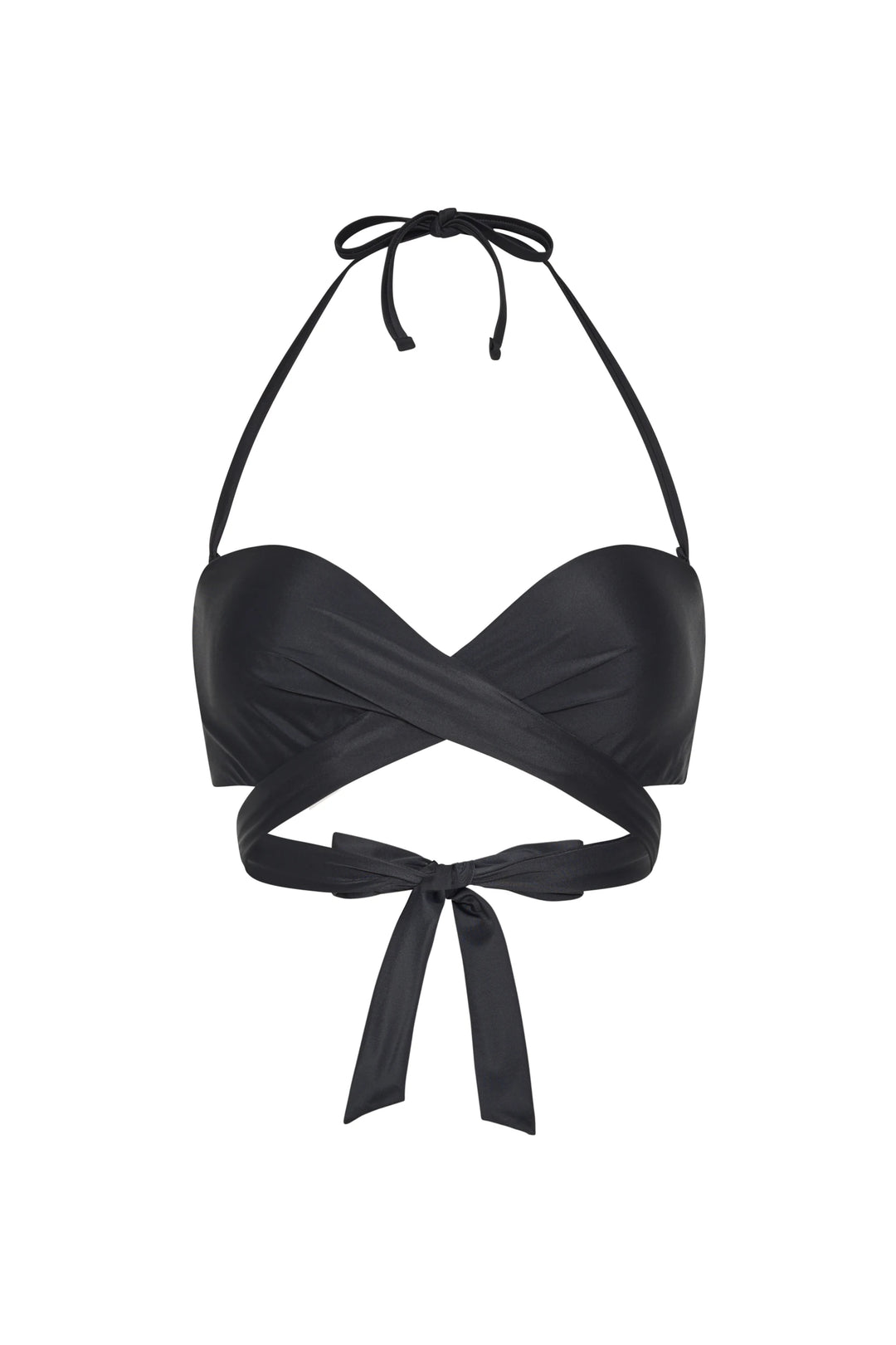 Black bikini top with halter straps on a white background