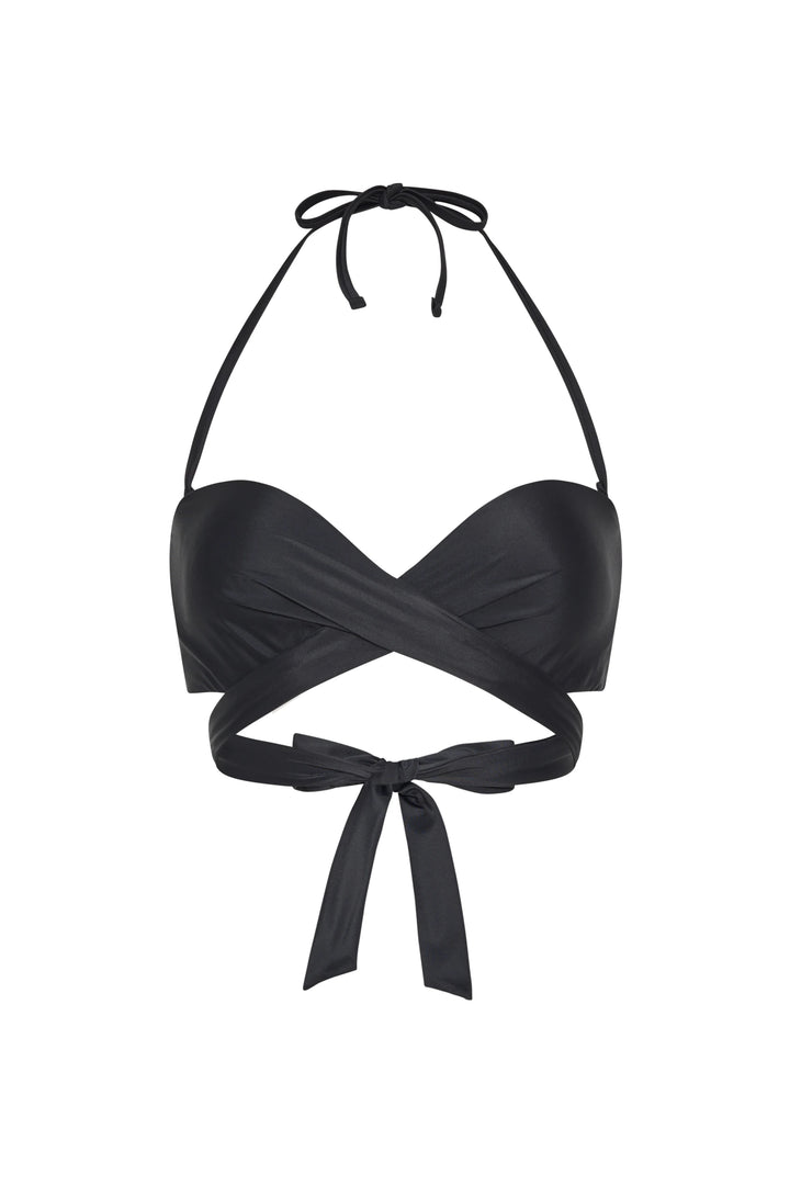 Black bikini top with halter straps on a white background