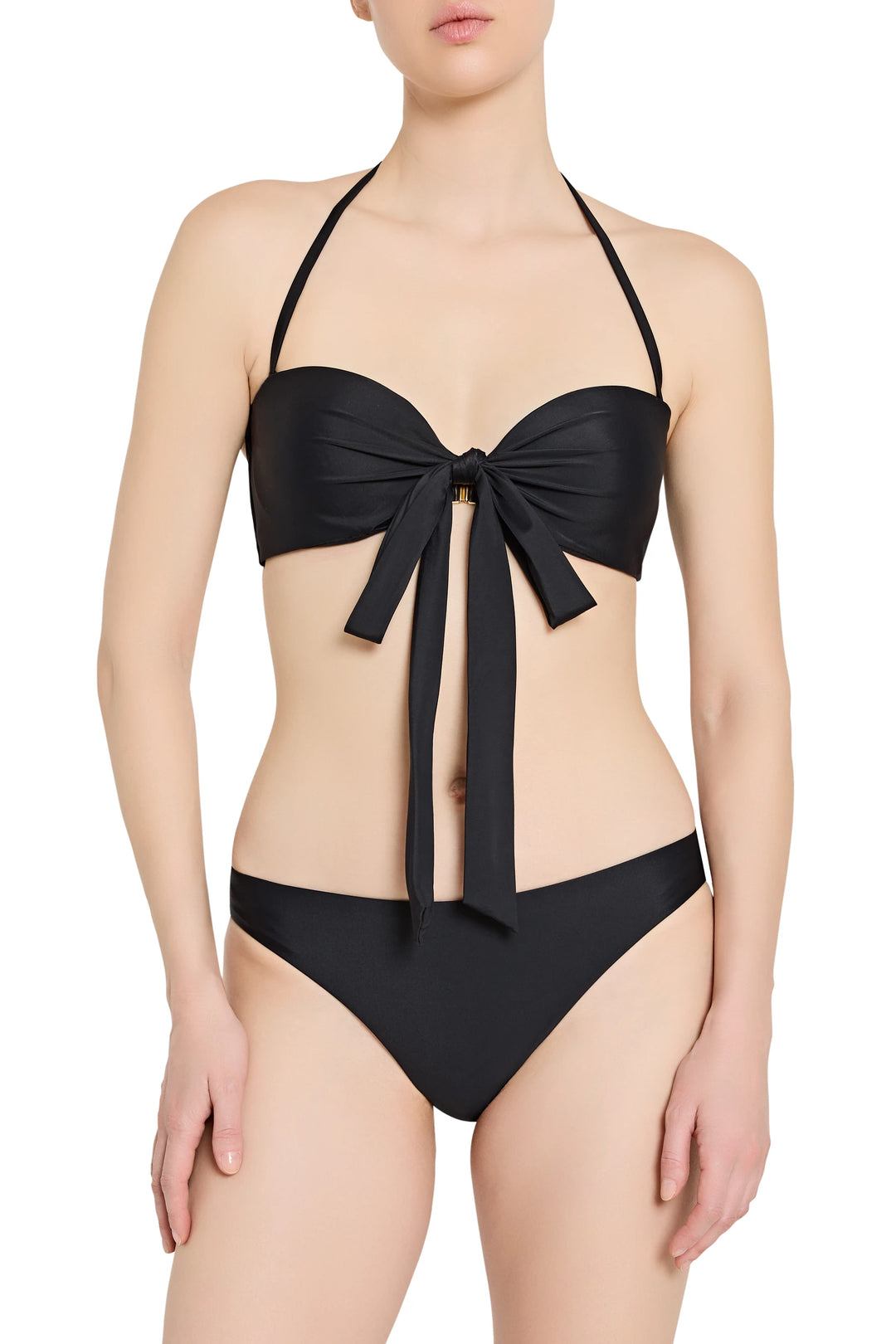 Black bikini with a bow detail on a white background