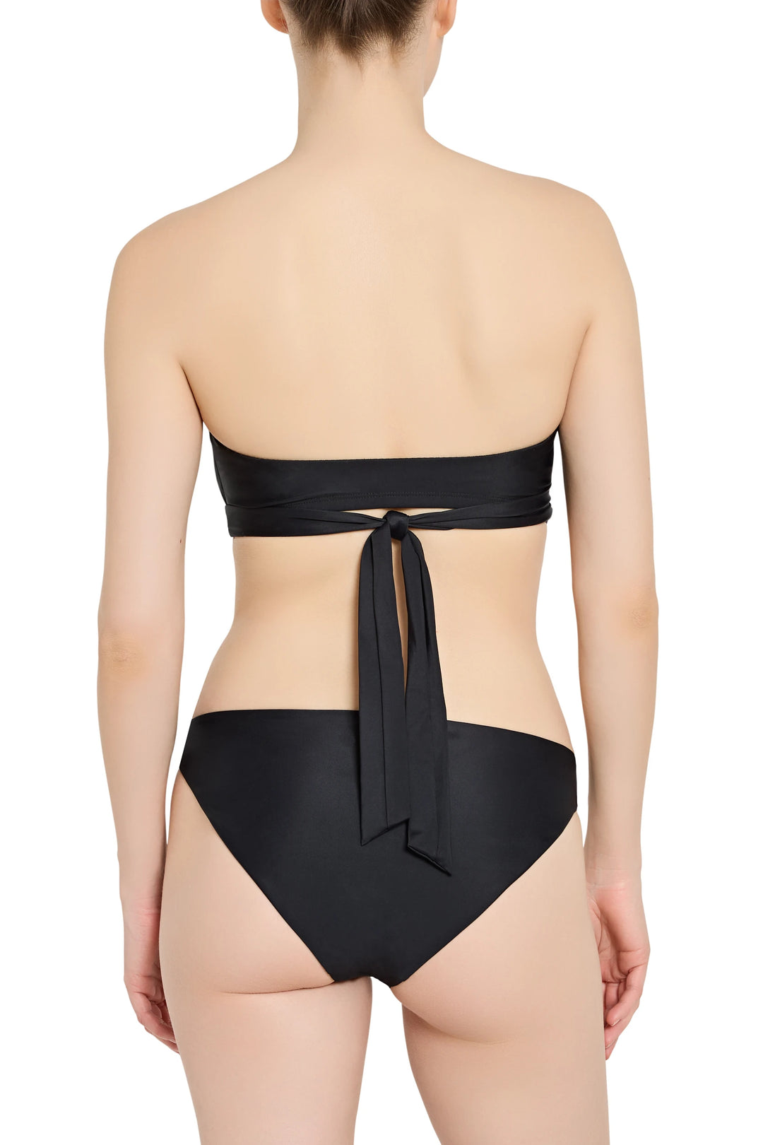 Black strapless bikini with tie detail on a white background