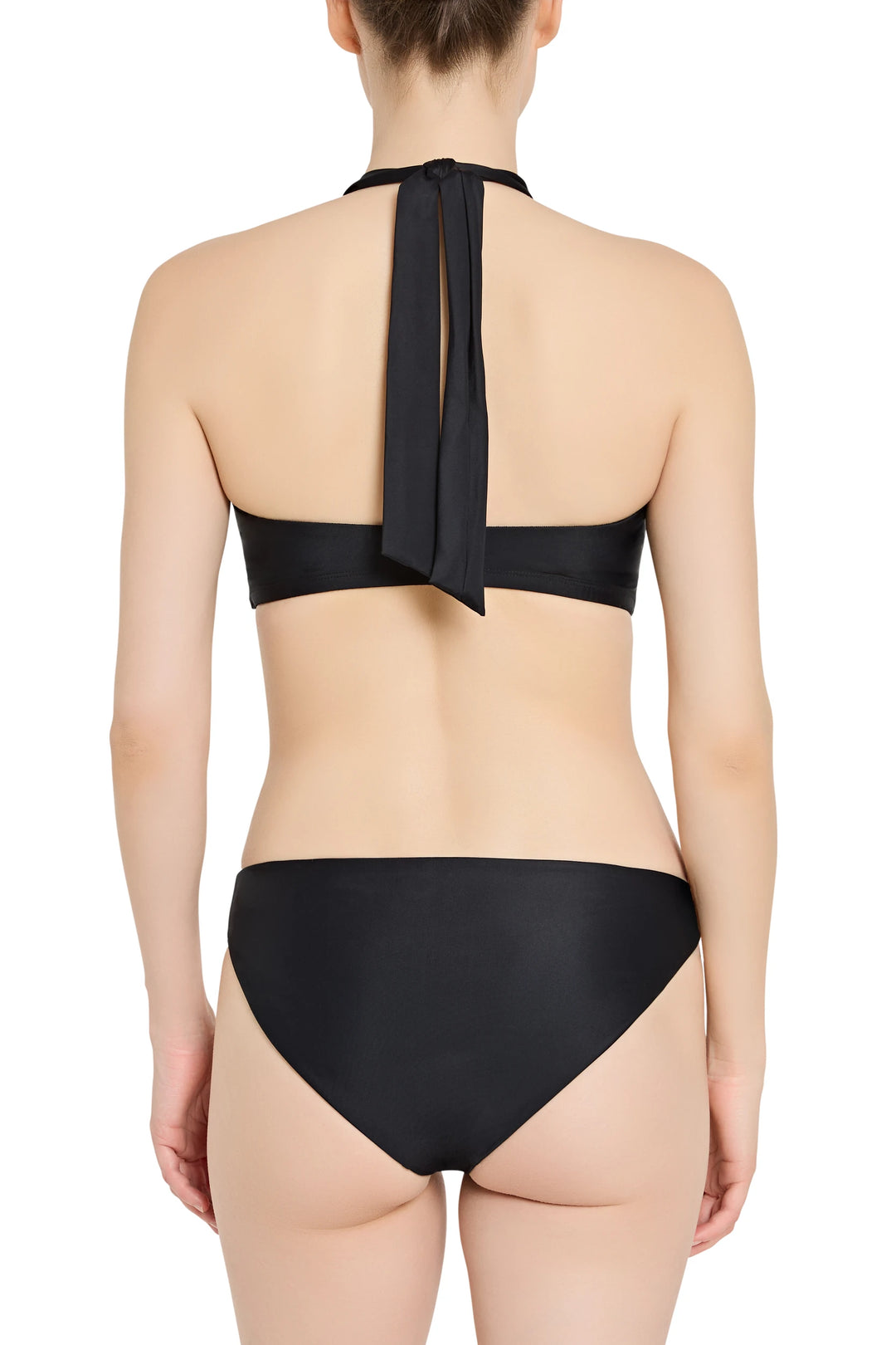 Black bikini set with a tie-back top on a white background