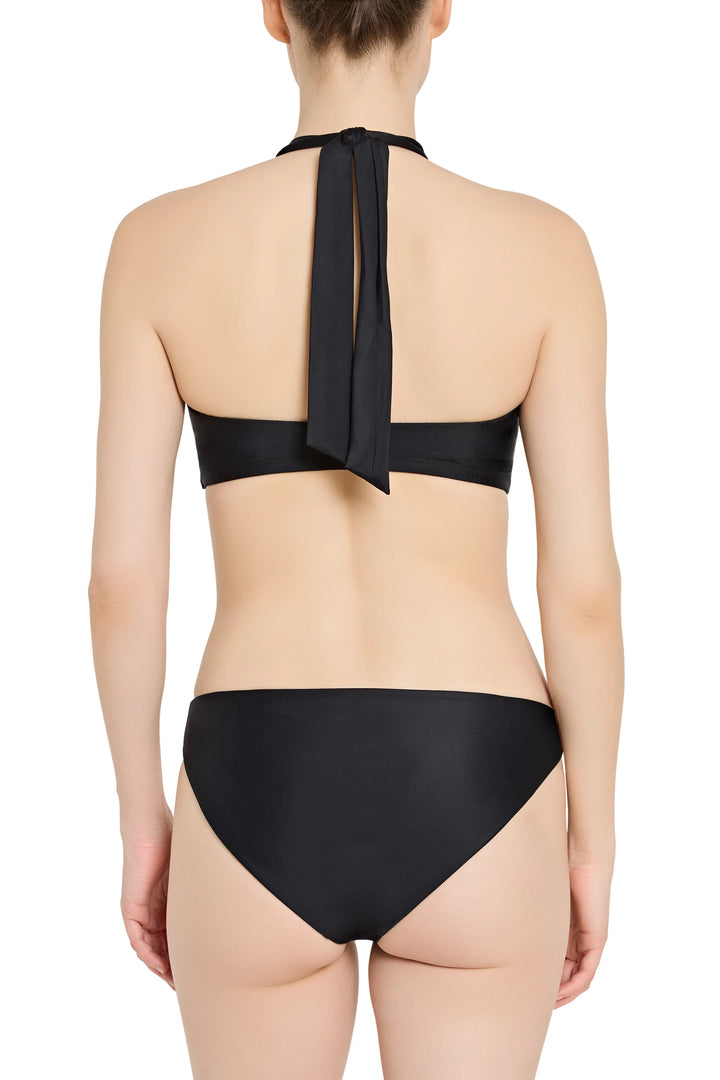 Black bikini set with a tie-back top on a white background