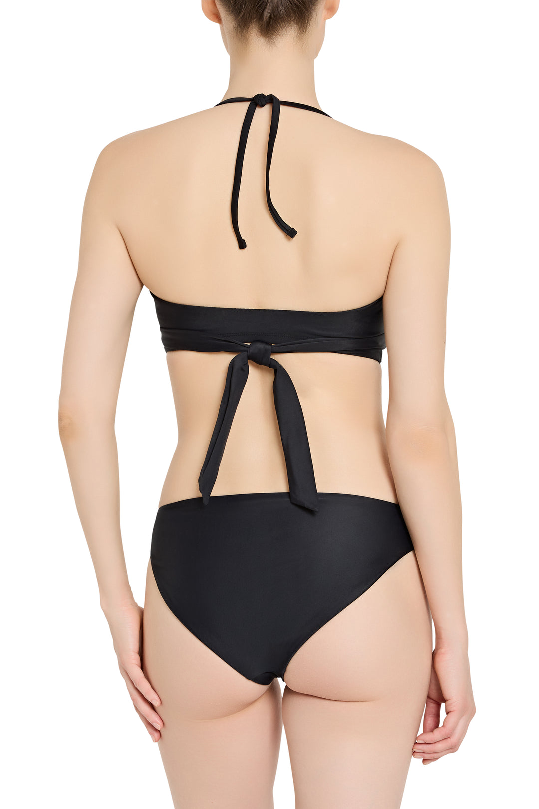 Black bikini with tied straps on a white background