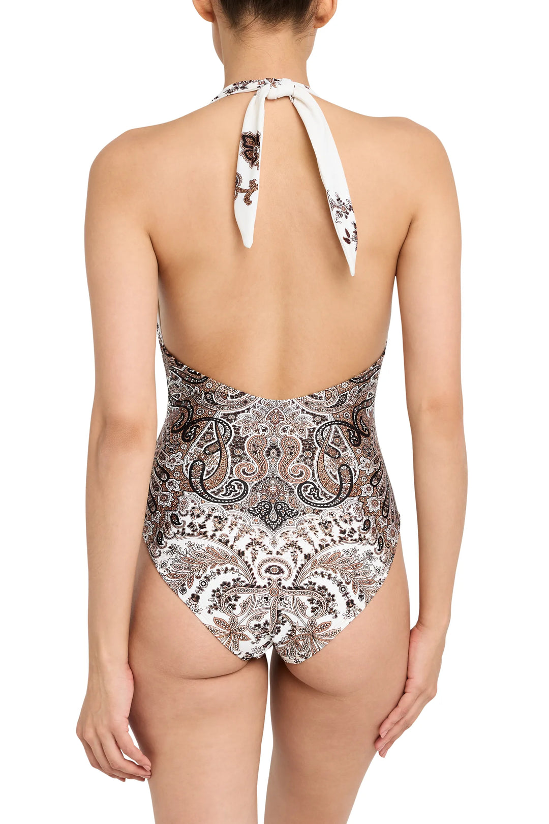 Halter bathingsuit with deep plunge, open back, paisley print, self-tie neckline. Back view on model.