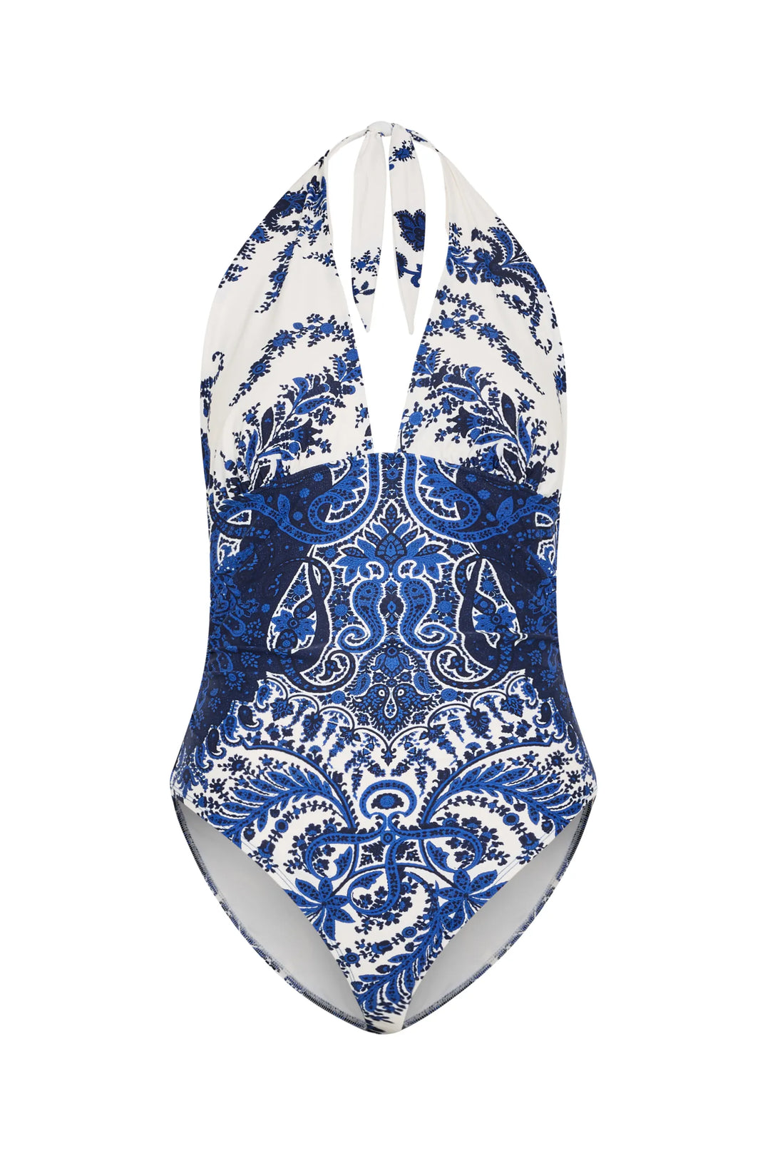 Halter bathingsuit with deep plunge, paisley print, intricate detailing; fitted silhouette. Front view on white.