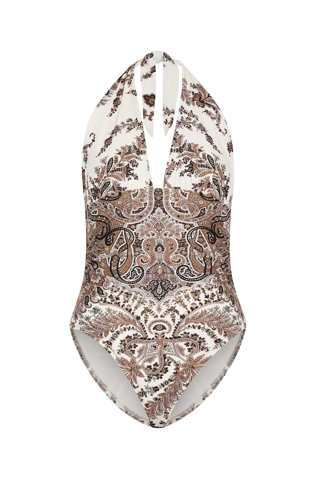 Deep plunge one-piece with halter neckline, paisley print, seamless sides, lined. Front view on white.