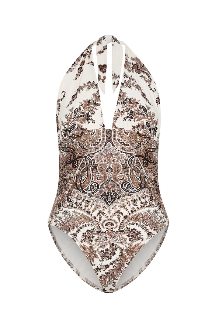 Deep plunge one-piece with halter neckline, paisley print, seamless sides, lined. Front view on white.