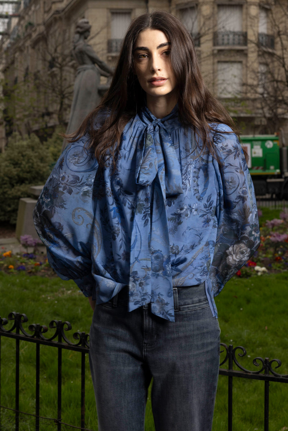 Beau Printed Blouse with relaxed silhouette, button front, and long sleeves; front view on model.