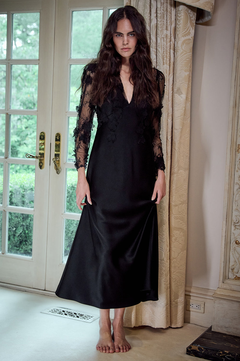 Kyan Long Dress With Lace: black midi satin crepe dress, V-neck, Chantilly lace bodice and sleeves, front view on white.