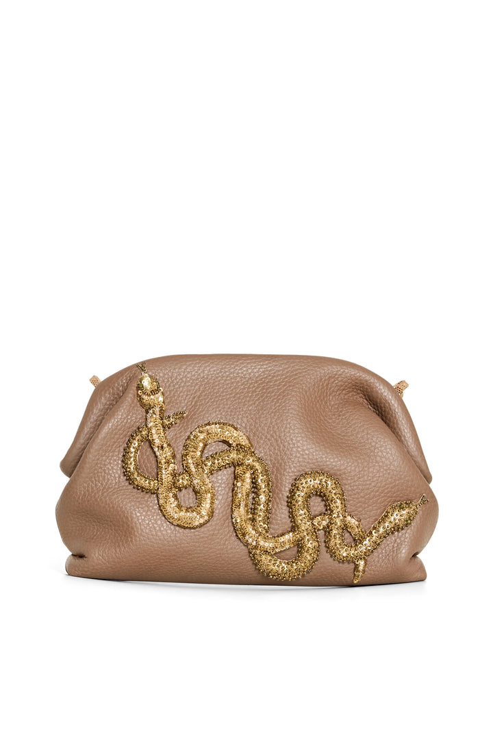Structured clutch silhouette in leather with hand-applied gold sequin serpent embellishment; front view on white.