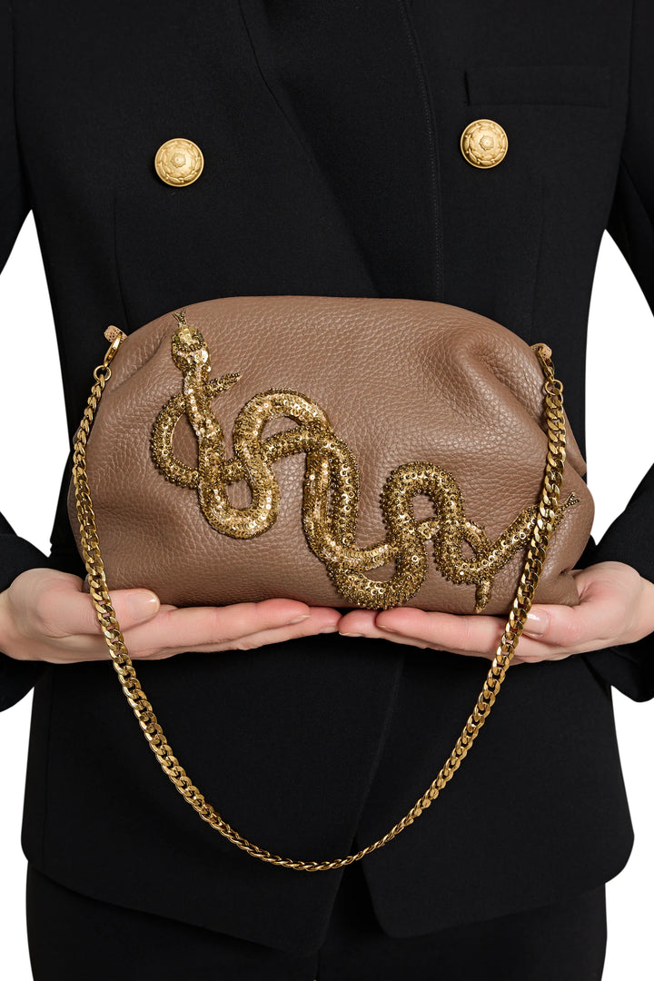 Structured clutch with jeweled serpent embellishment and chain strap, snake leather, front view on white.