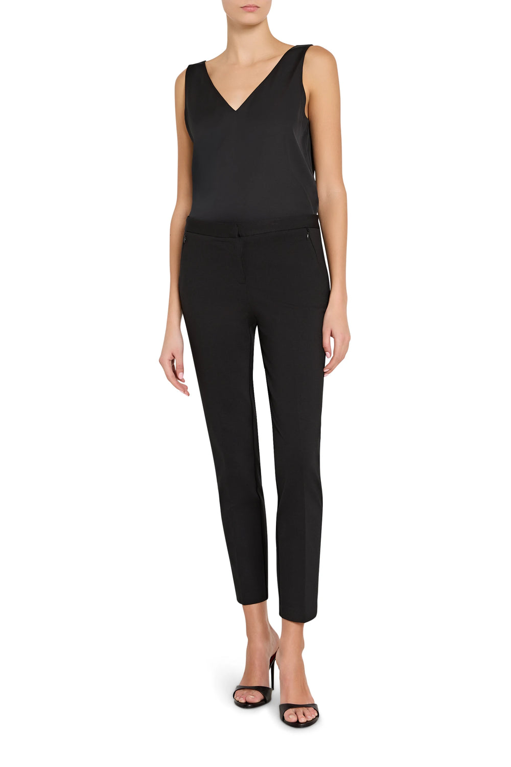 Alexandra Cigarette Knit Pant, slim-fit ankle-length ponte cigarette pant with front zip pockets, front view on model.