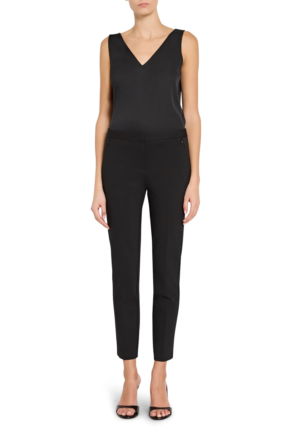Tailored cigarette pant with slim, straight-leg silhouette in knit fabric. Front view on white.