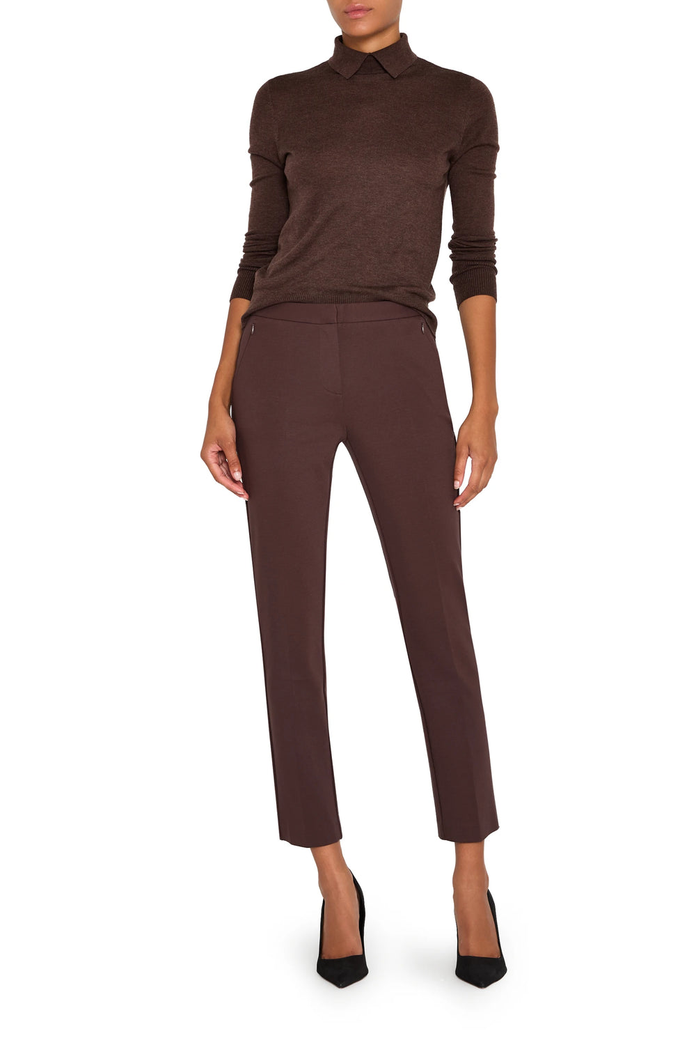 Slim, ankle-length cigarette knit pant with front zip pockets and tailored waistband, front view on white.