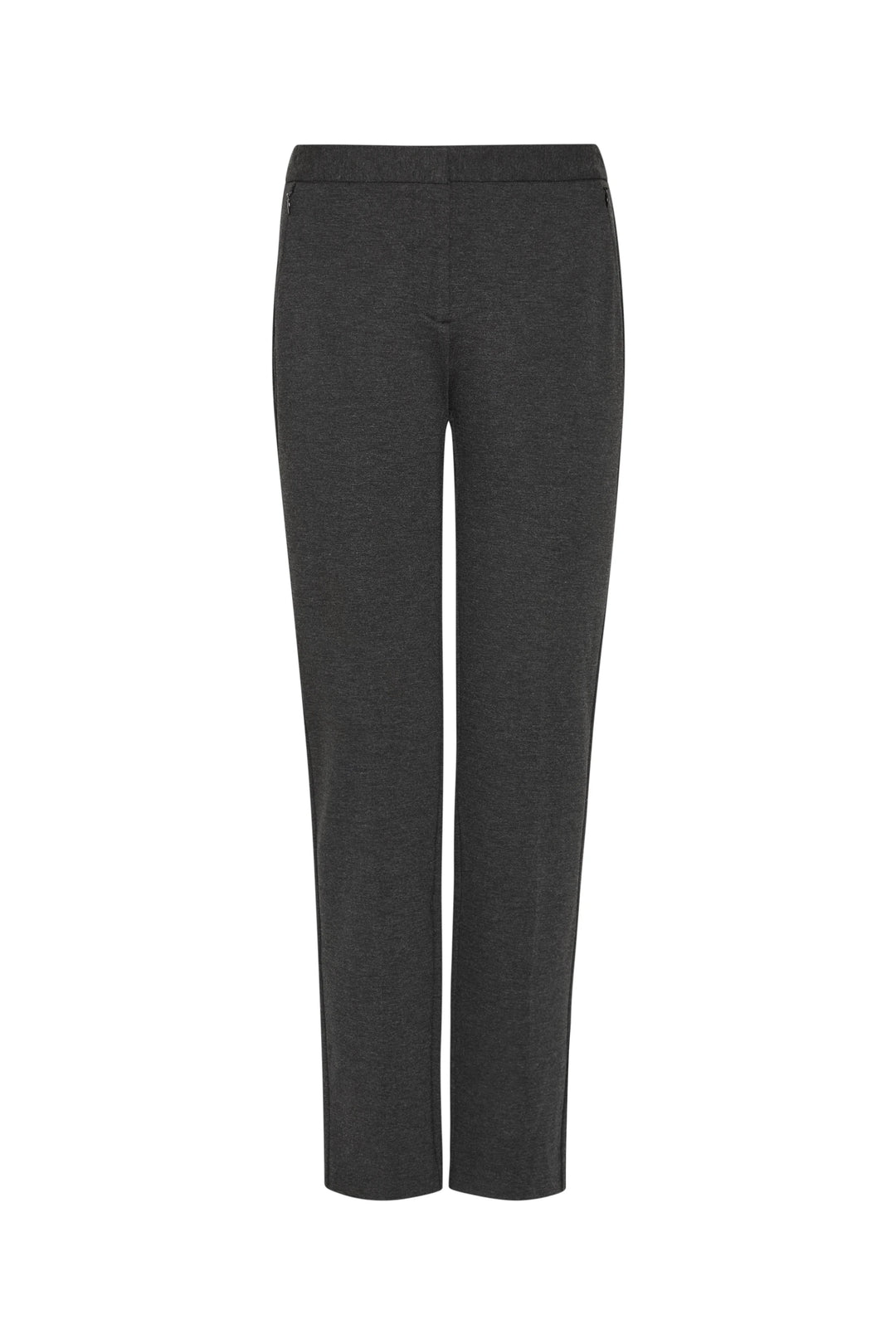 Slim cigarette pant in dark gray, fitted waistband, cropped ankle, smooth knit fabric. Front view on white.