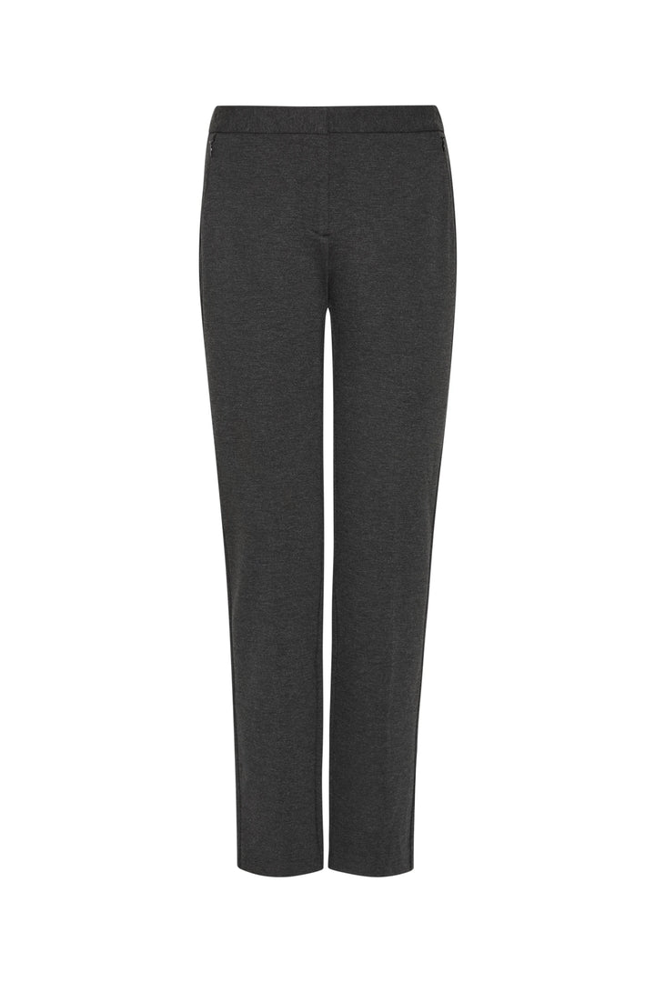 Slim cigarette pant in dark gray, fitted waistband, cropped ankle, smooth knit fabric. Front view on white.