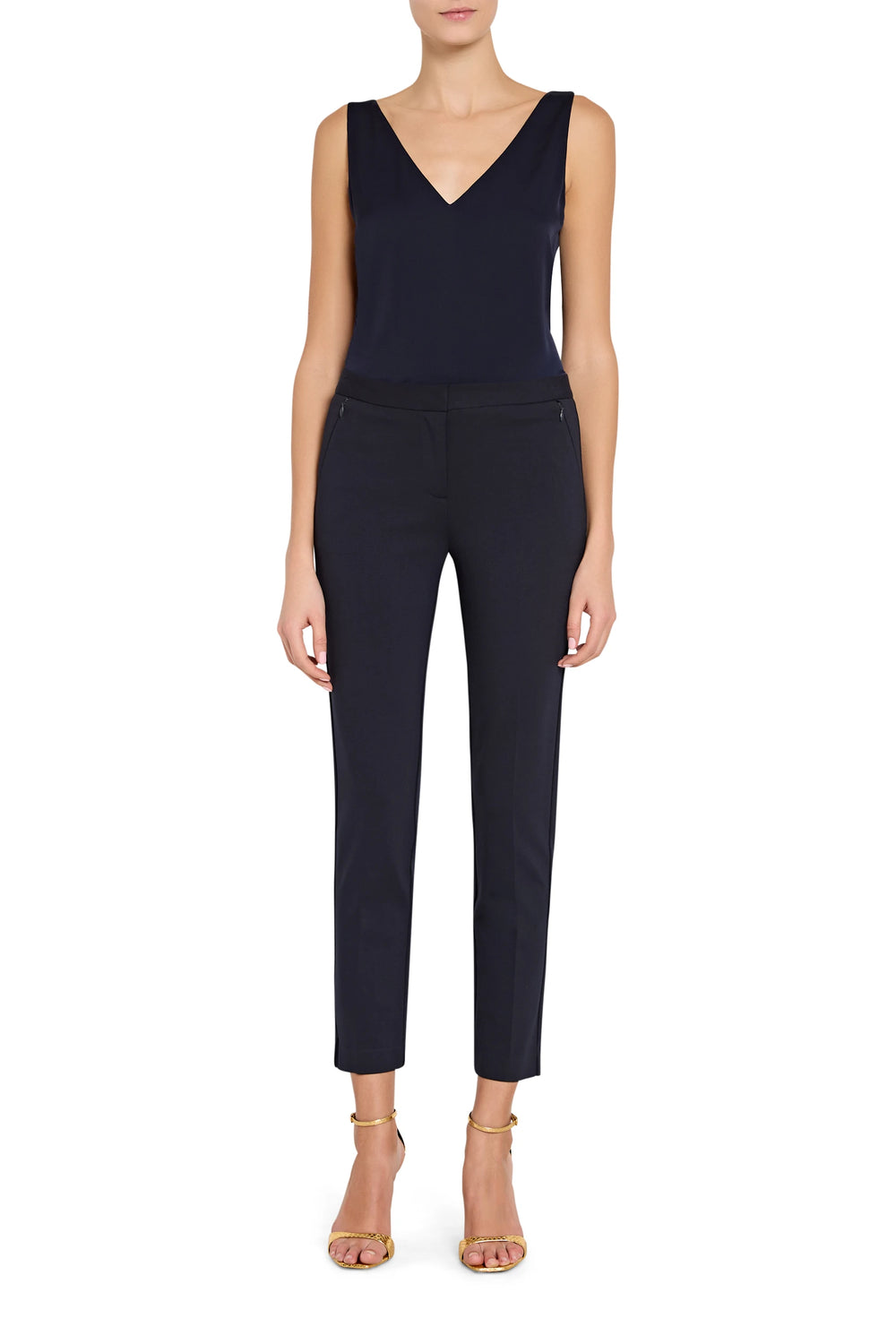 Alexandra Cigarette Knit Pant, slim-fit ankle-length ponte pants with front zip pockets, front view on model.