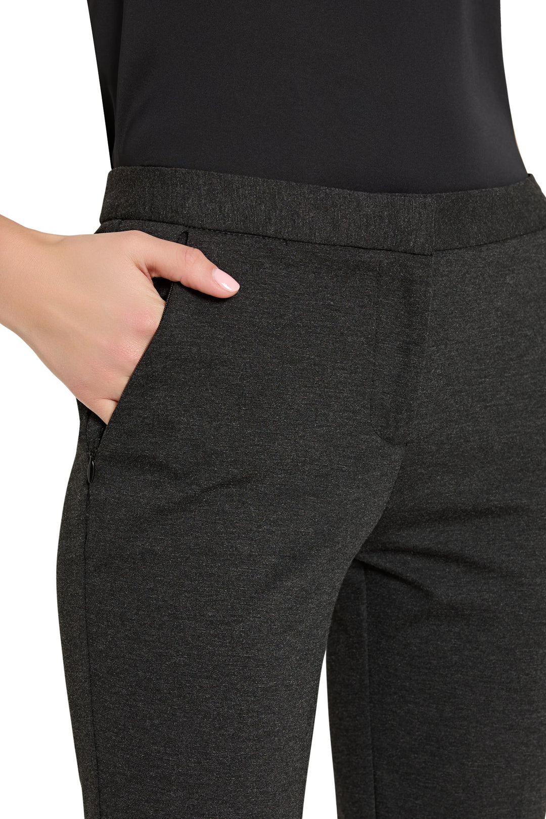 Alexandra Cigarette Knit Pant: charcoal ankle-length ponte trousers with a waistband and zip pockets, side view.