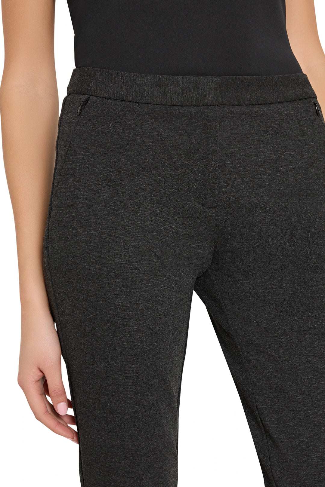 Alexandra Cigarette Knit Pant: fitted ankle-length ponte cigarette pants with flat waistband and zip pockets, front view.