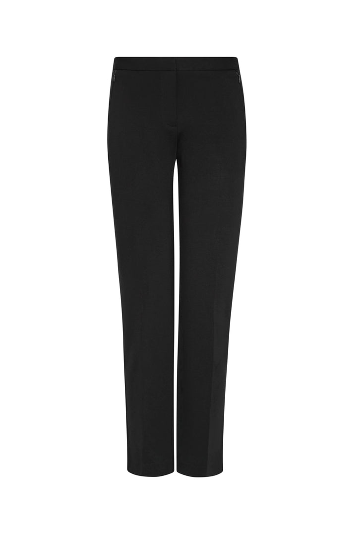 Straight-leg crepe pant with mid-rise waist, side pockets, and clean lines. Front view on white.