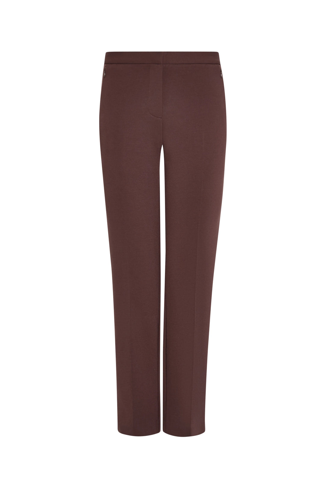 Straight-leg silhouette pant in brown stretch crepe, front seam and tailored waistband, front view on white.