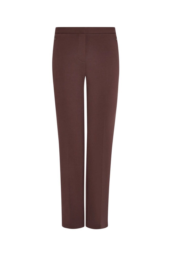 Straight-leg silhouette pant in brown stretch crepe, front seam and tailored waistband, front view on white.