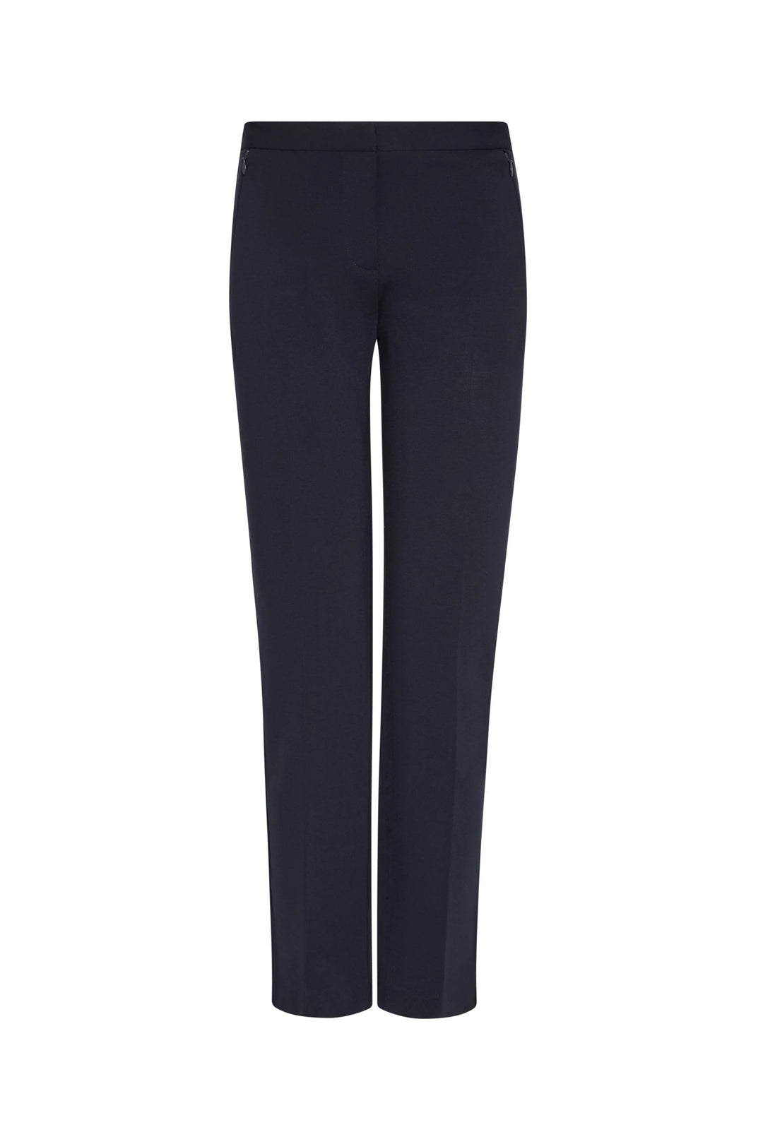 Slim, straight-leg pant in stretch crepe with subtle tailoring and clean seams. Front view on white.