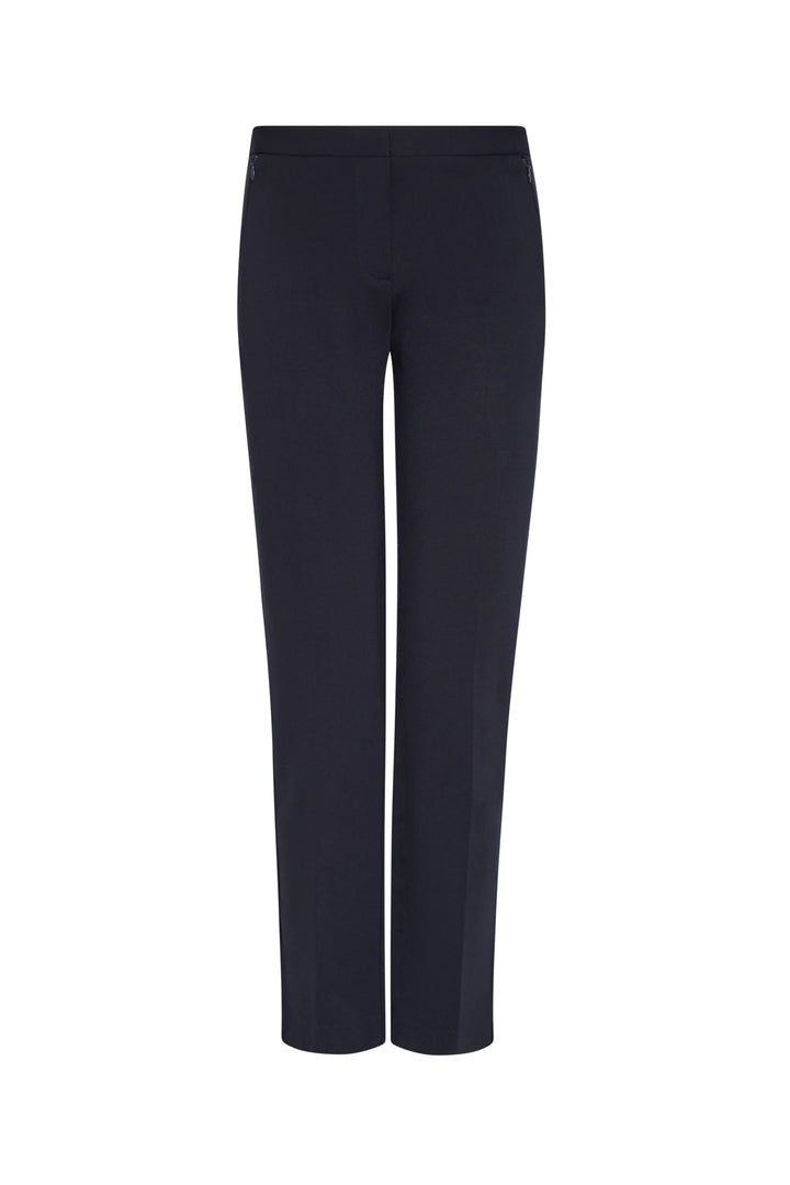 Slim, straight-leg pant in stretch crepe with subtle tailoring and clean seams. Front view on white.