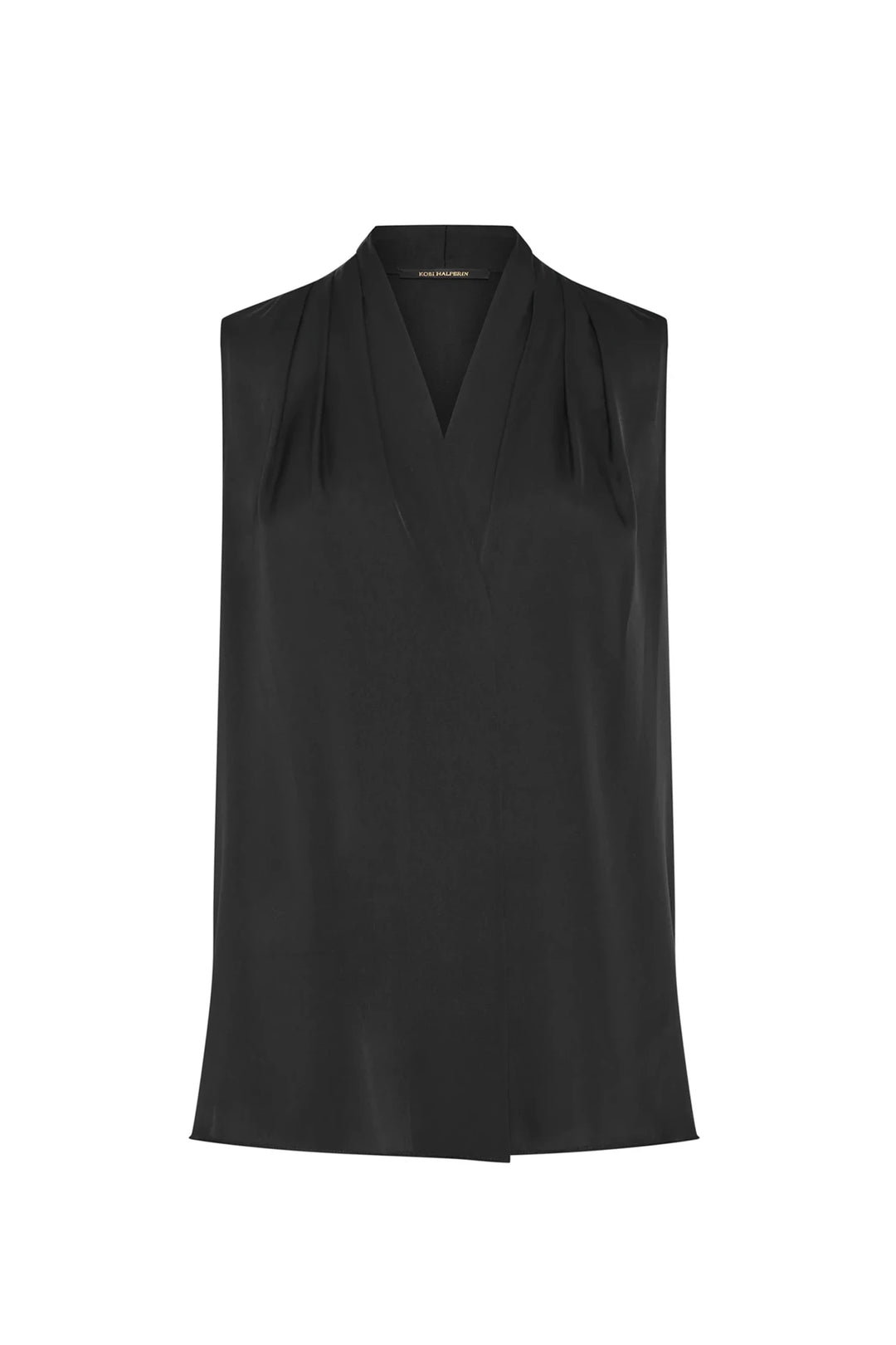 Mila Silk Blouse, a sleeveless silk top with a pleated V-neckline, front view on white.