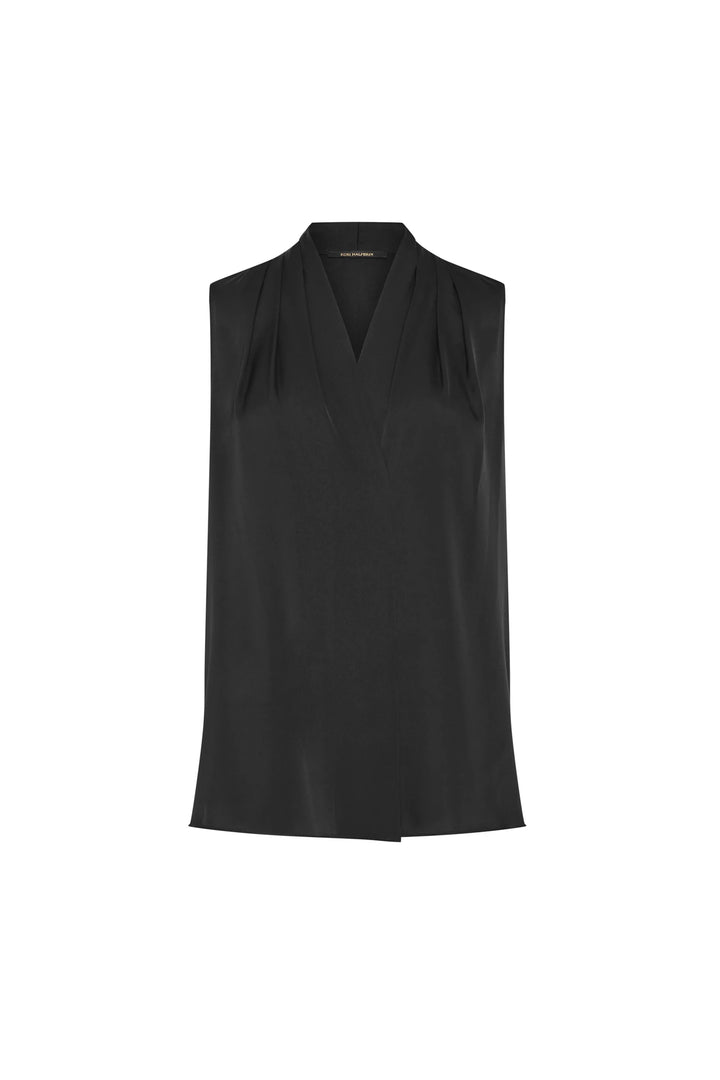 Sleeveless silk wrap blouse, V-neck, subtle pleats, bra-friendly silhouette; front view on white.