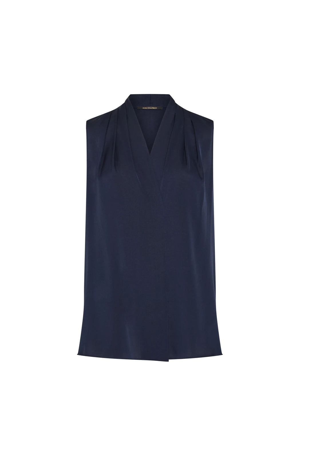 Sleeveless silk blouse with V-neckline, subtle shoulder pleats, fluid silhouette; front view on white.