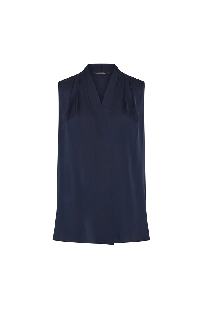 Sleeveless silk blouse with V-neckline, subtle shoulder pleats, fluid silhouette; front view on white.
