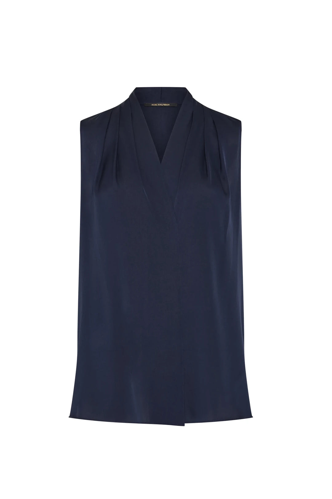 Mila Silk Blouse: sleeveless silk blouse, V-neck, pleated shoulders, front view on white.