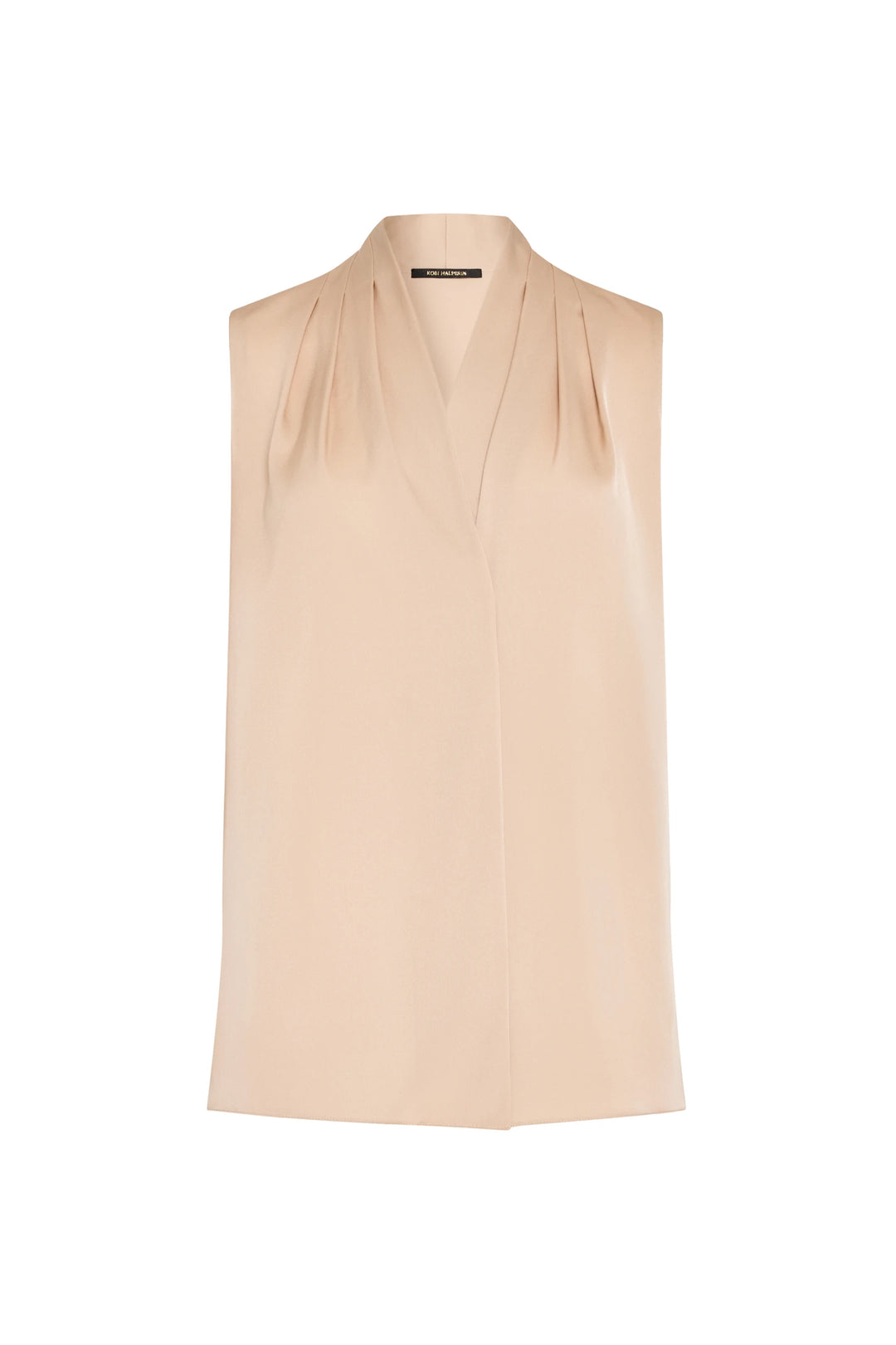 Sleeveless silk blouse with V-neck, pleated shoulders, fluid silhouette. Front view on white.