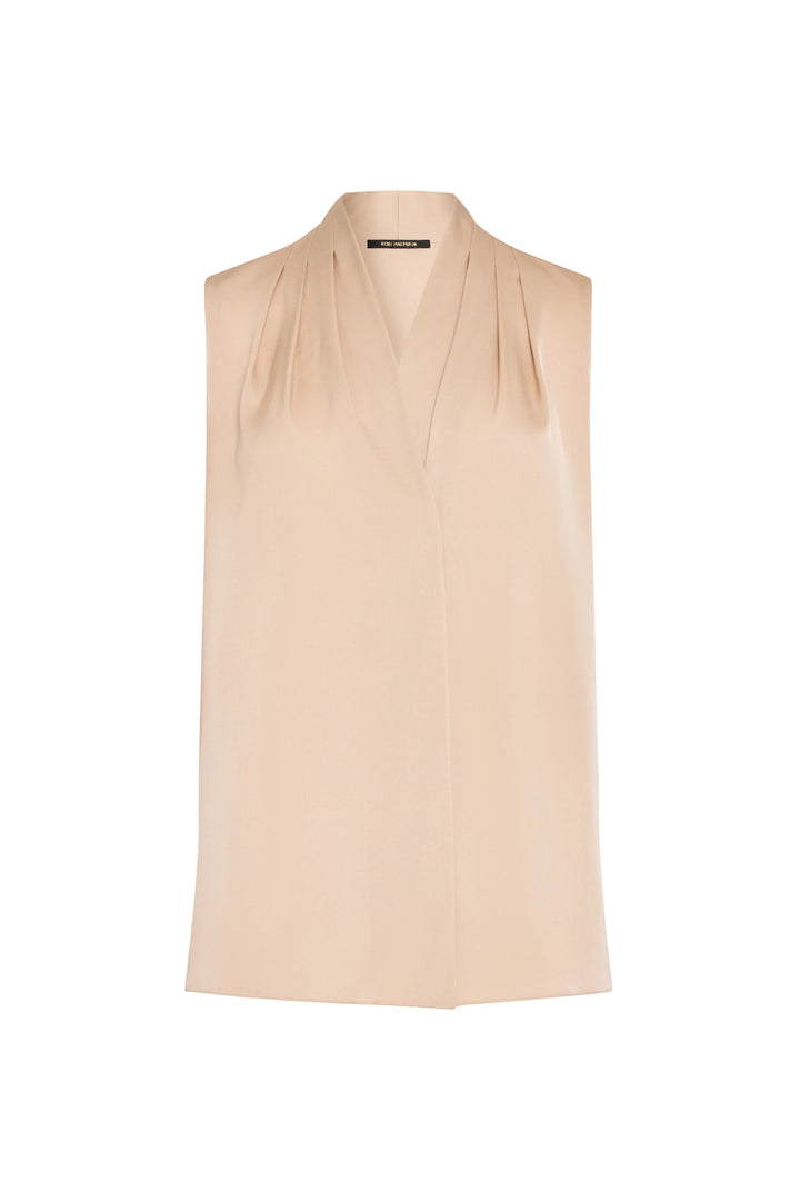 Sleeveless silk blouse with V-neck, pleated shoulders, fluid silhouette. Front view on white.