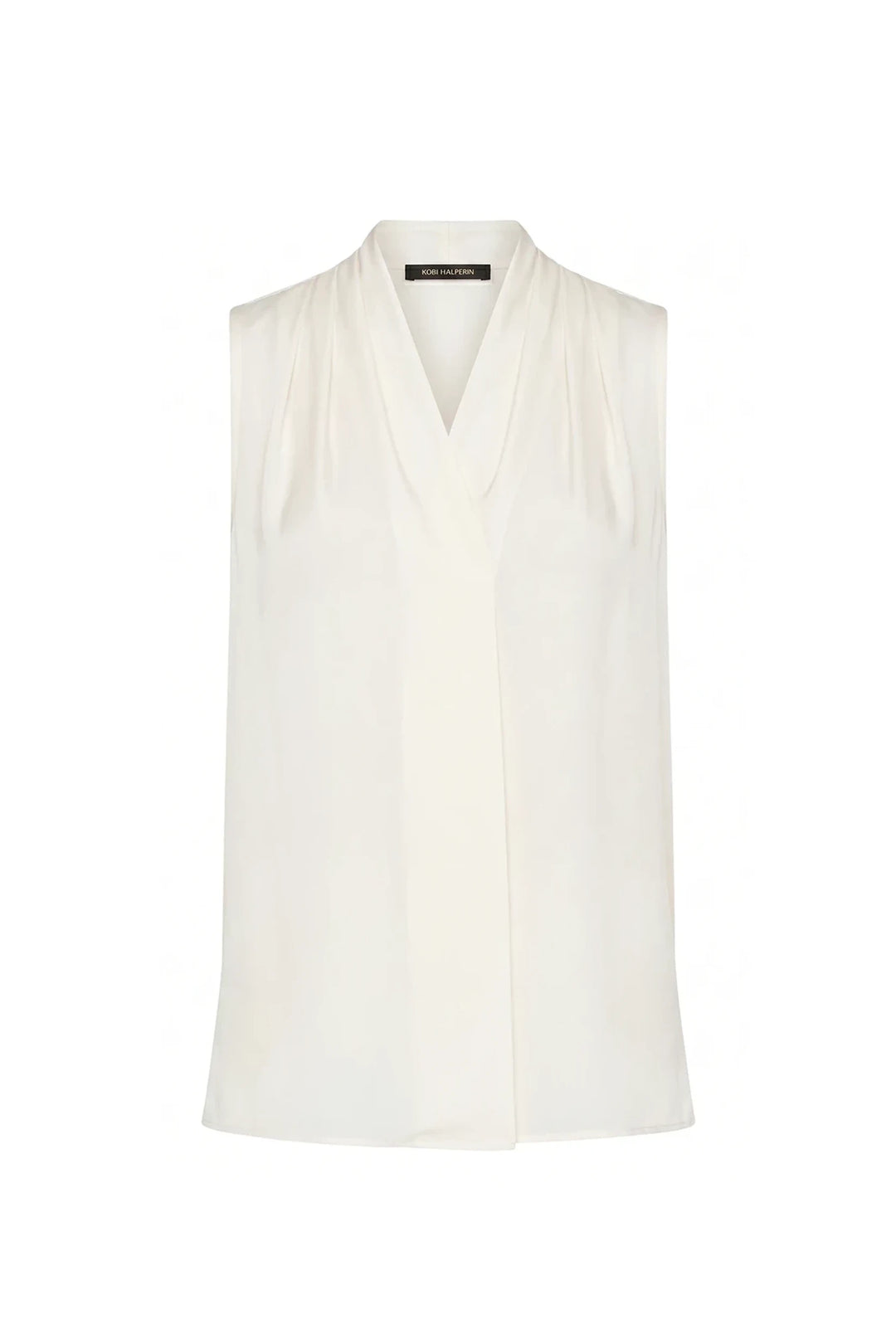 Mila Silk Blouse: sleeveless with a pleated V-neckline and bra-friendly fit, front view on white.