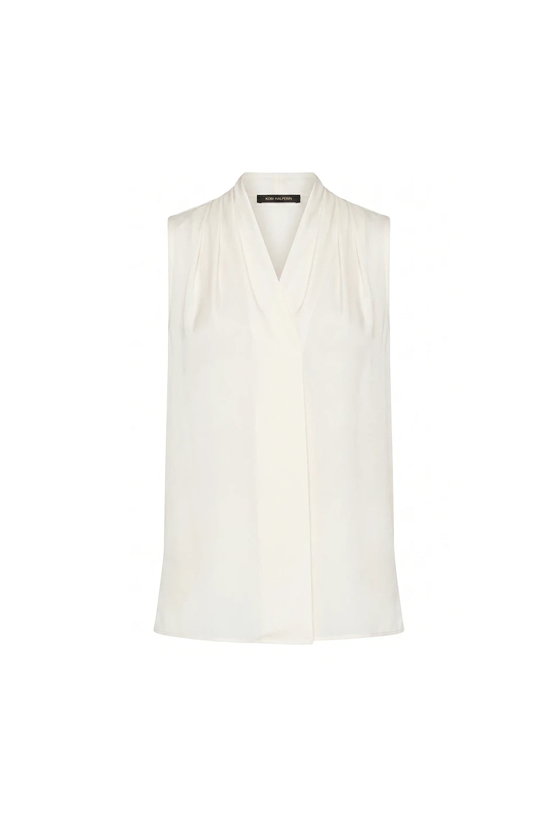 Sleeveless silk blouse with draped front, v-neck silhouette, fluid construction. Front view on white.