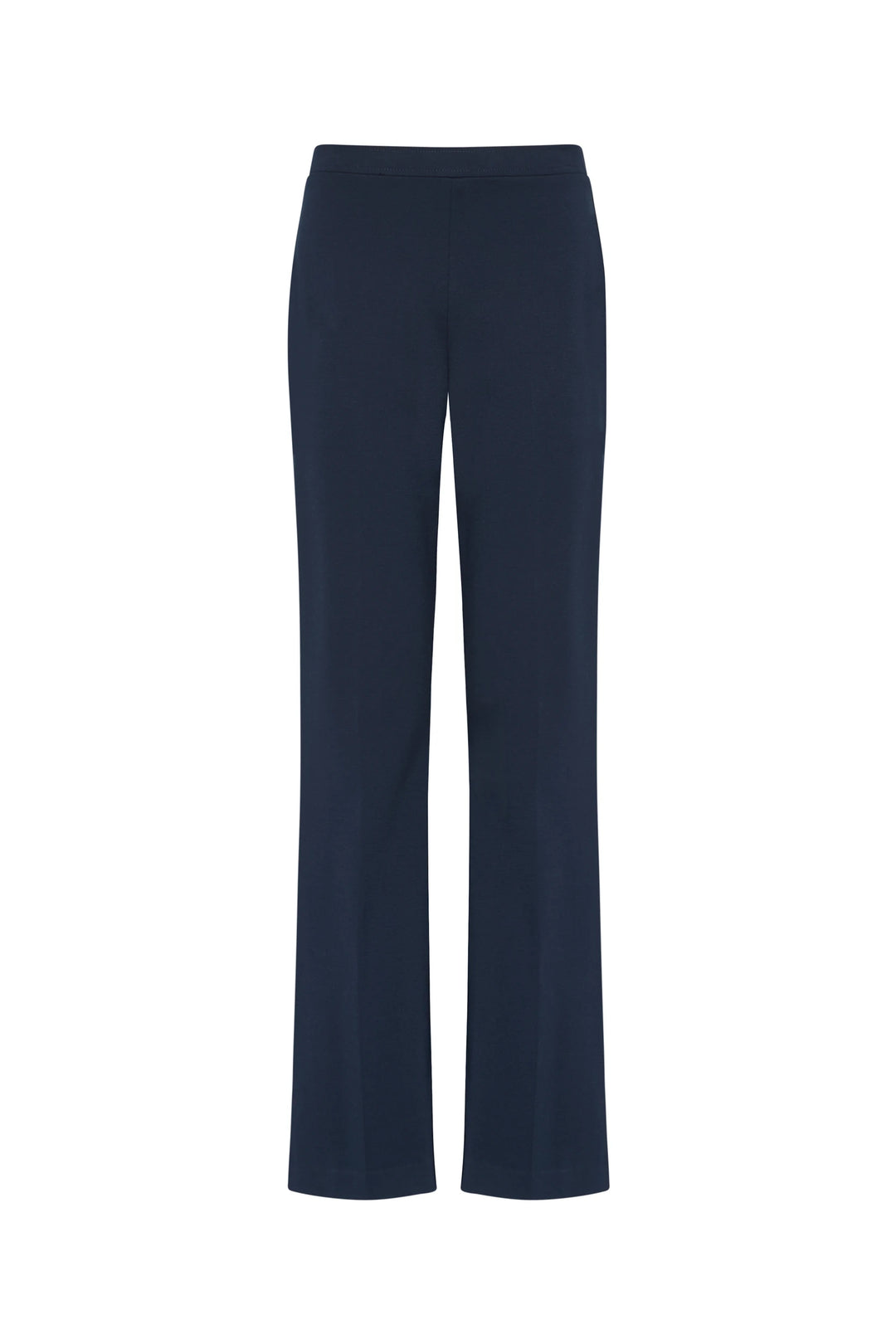 Wide-leg knit pant with flat waistband and straight cut in navy blue, shown in front view on white background.