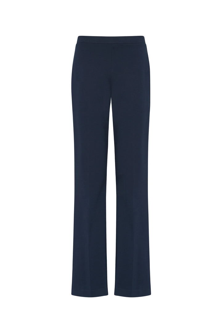 Wide-leg knit pant with flat waistband and straight cut in navy blue, shown in front view on white background.