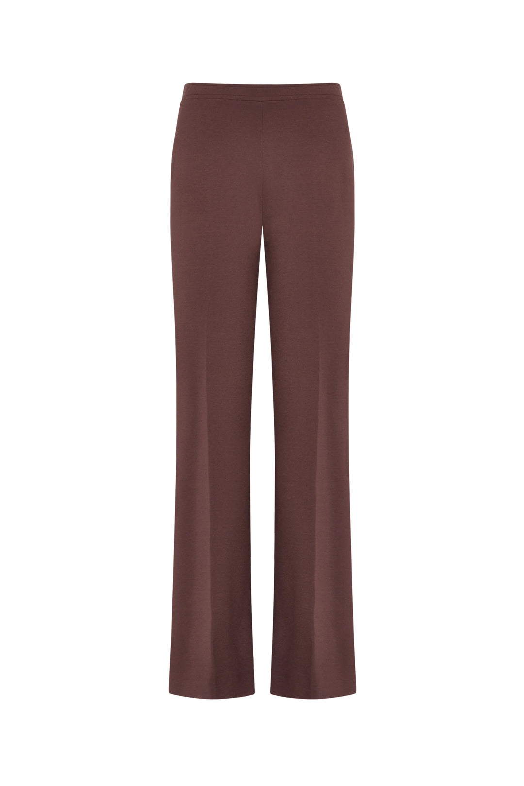 Brown high-waisted wide-leg knit pant, tailored silhouette, smooth finish, front view on white.