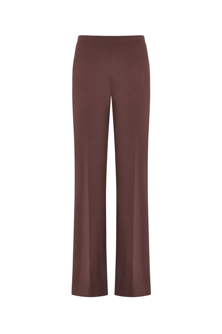 Brown high-waisted wide-leg knit pant, tailored silhouette, smooth finish, front view on white.