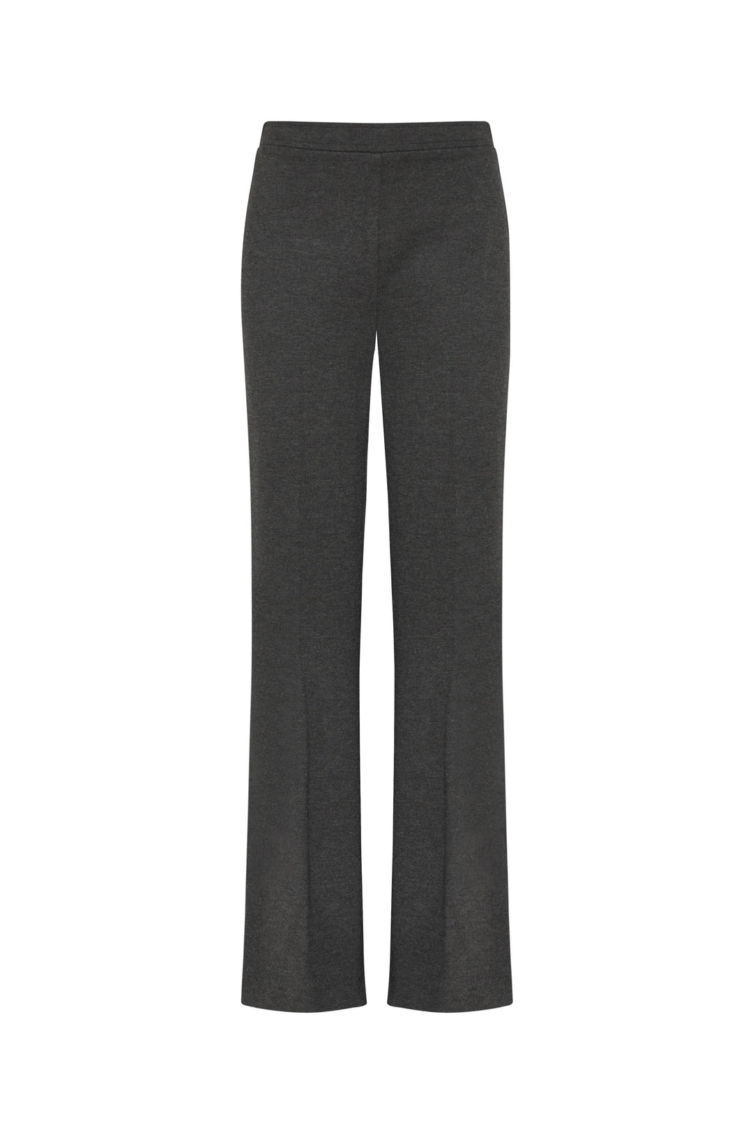 Full-length, straight-leg tailored knit trouser silhouette in dark gray. Subtle waistband. Front view on white.