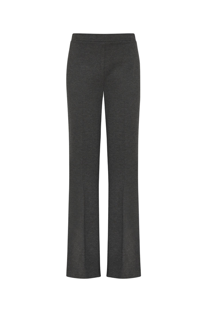 Full-length, straight-leg tailored knit trouser silhouette in dark gray. Subtle waistband. Front view on white.