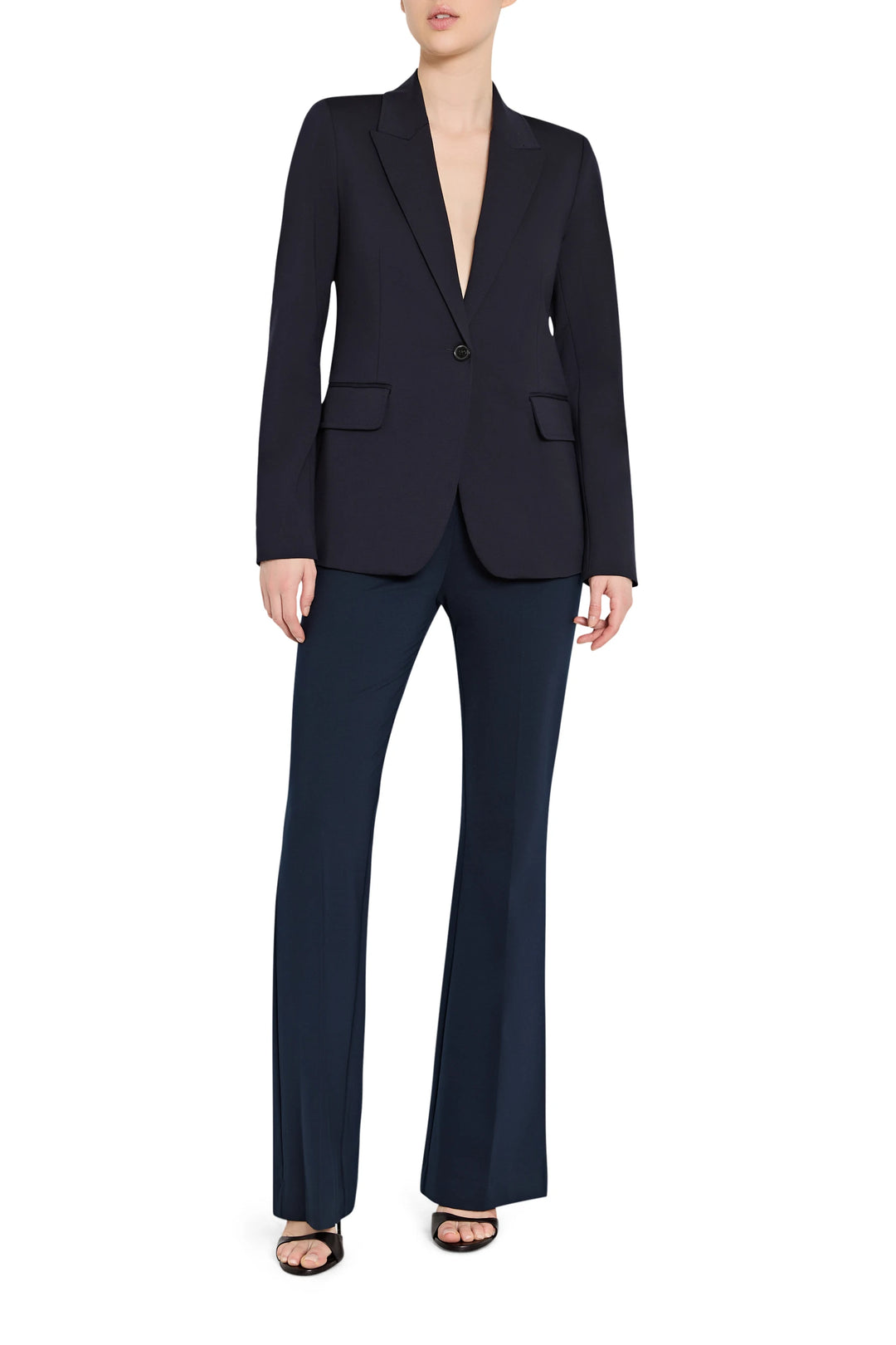 Wide-leg silhouette with structured waistband in soft knit fabric, full-length style. Front view on white.